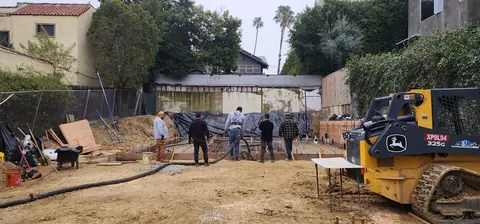 Crew and excavator on a ground-up duplex site, Silver Lake
